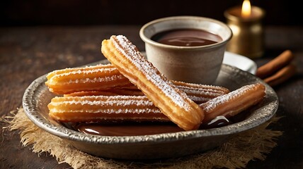 Delicious dessert Churros, sweet Mexican fritters rolled in cinnamon sugar with chocolate sauce