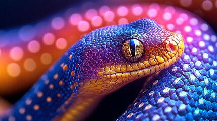 Fototapeta premium A vibrant, close-up of a colorful snake showcasing intricate patterns and textures, emphasizing its striking blue and orange hues.