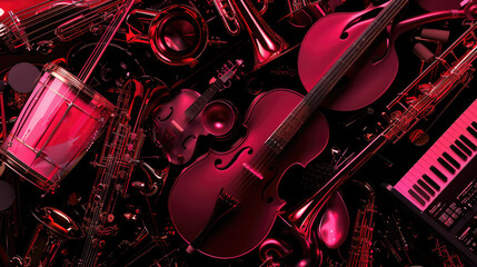 Musical instruments arranged in vibrant red background, showcasing variety of brass, string, and...