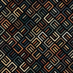 Seamless geometric pattern with multicolored decorative squares on a black background. Retro-style design. Graphic illustration for textiles, wrapping, wallpaper, and print. 