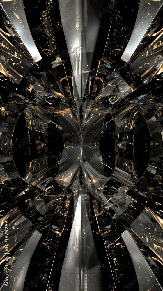 Poster a stunning reflective composition showcasing intricate geometric patterns and dark, shimmering surfa