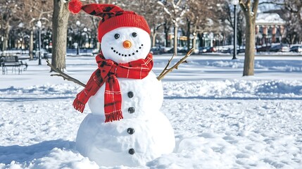 Obraz premium A cheerful snowman wearing a red hat and scarf stands in a snowy park.