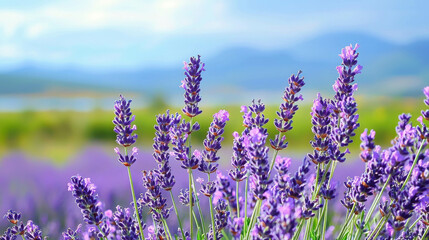 Obraz premium Vibrant Purple Lavender Blossoms Under a Clear Blue Sky with Mountains in the Background for Serene Nature and Floral Imagery