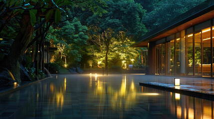 Fototapeta premium serene outdoor scene featuring tranquil pool surrounded by lush greenery and softly illuminated by warm lights. atmosphere is peaceful and inviting, perfect for relaxation