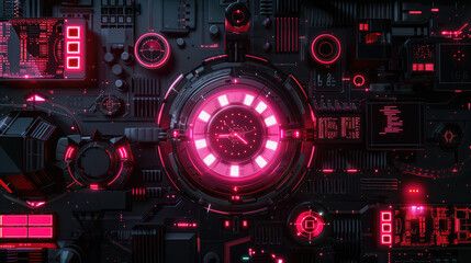 Obraz premium Futuristic digital interface with glowing pink elements and intricate designs, showcasing technology and innovation. vibrant colors create dynamic atmosphere