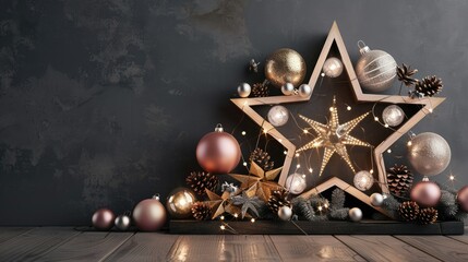 3D wooden star-shaped stand with LED lights, decorated for Christmas and New Year's Eve