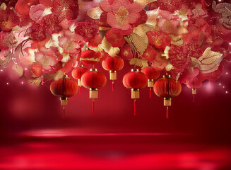 Obraz premium Red and gold lanterns hang from a ceiling of delicate red and gold flowers, against a bright red background with bokeh lights.