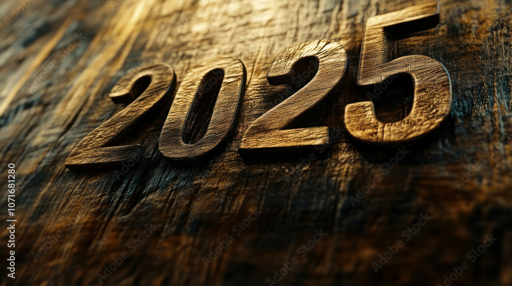 Poster wooden carved numbers representing the year 2025 against a rustic background to capture the essence 