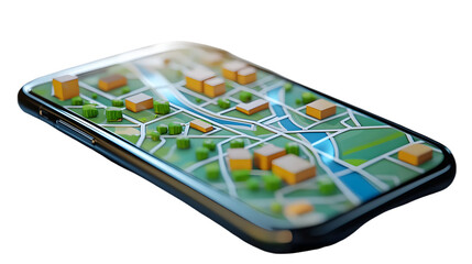3D render of a cartoon-style app interface showing a transport and delivery map on a clean surface Large space for text in center Stock Photo with copy space