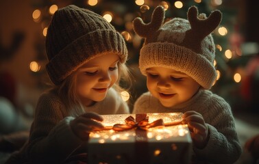 Obraz premium Two children in cozy winter hats opening an illuminated Christmas gift box with wonder and joy