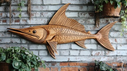 A wooden sculpture of a fish is mounted on a white brick wall, with plants flanking it.