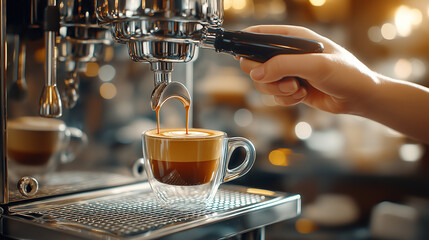 Close up of barista pulling espresso shot, rich coffee flowing into glass cup, warm ambiance