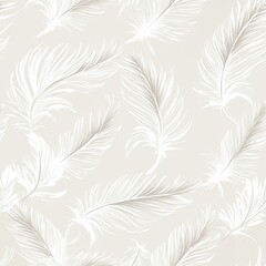 Seamless Pattern of Delicate White Feathers on a Beige Background