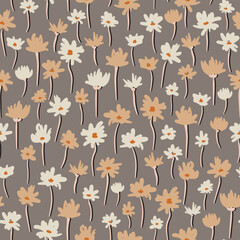 Cute, hand drawn flowers seamless repeat pattern. Vector, botany aop all over surface print on brown background.