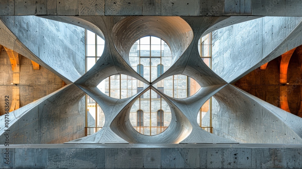 Poster a striking view of an architectural structure with a central reflective design, illuminated by soft 