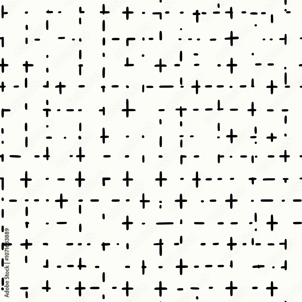 Poster abstract pattern with black plus signs and dashes on a white background.