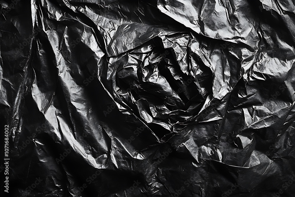 Poster abstract black plastic texture with crumpled and wrinkled surface.