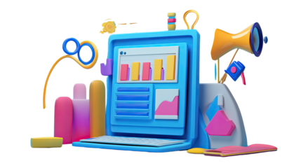 Digital Marketing Success: A vibrant 3D illustration of a laptop screen displaying charts and graphs, surrounded by colorful marketing icons.