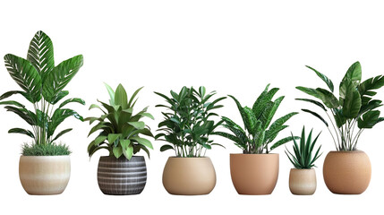 Fototapeta premium Indoor Plant Collection: A row of vibrant potted plants, each showcasing unique foliage and textures, brings a touch of nature indoors. A perfect visual for home decor, interior design.
