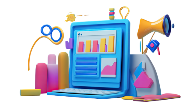 Digital Marketing Success: A vibrant 3D illustration of a laptop screen displaying charts and graphs, surrounded by colorful marketing icons.