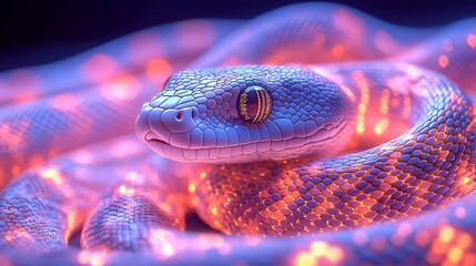 A vibrant snake glows with colorful patterns, showcasing intricate scales and a captivating gaze in a striking, artistic lighting.