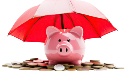 Financial Security: A pink piggy bank, symbolizing savings, sits on a pile of coins and is protected by a red umbrella, representing financial security.  