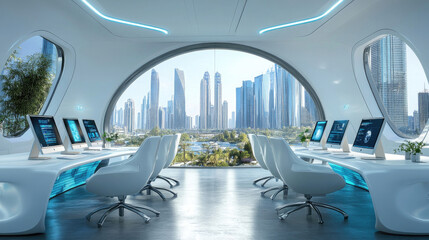 Obraz premium Modern futuristic office space featuring cutting edge technology