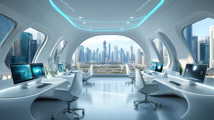 Obraz premium Modern futuristic office space featuring cutting edge technology