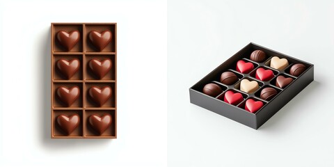 Heart-shaped chocolates in assorted colors and flavors neatly arranged in elegant gift boxes.