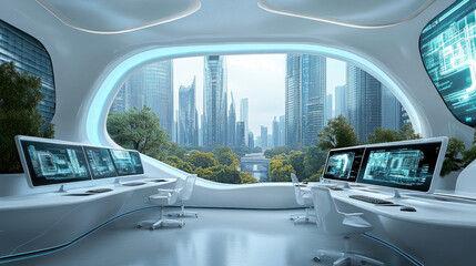 Obraz premium Modern futuristic office space featuring cutting edge technology