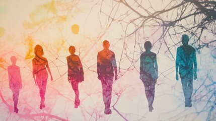 Naklejka premium Silhouettes of people linked together in a web, symbolizing connectivity on a soft pastel background
