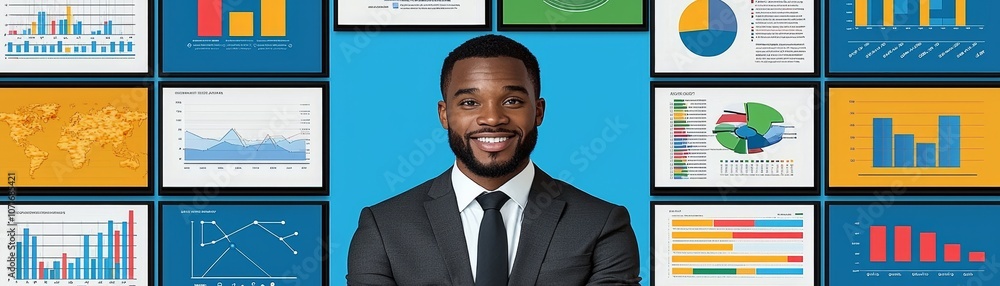 Poster a confident man in a suit stands in front of colorful graphs and charts, showcasing data analysis an