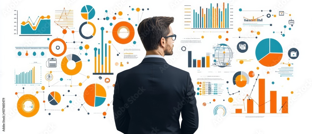 Poster a professional man looks at diverse data visualizations, including graphs and charts, showcasing ins
