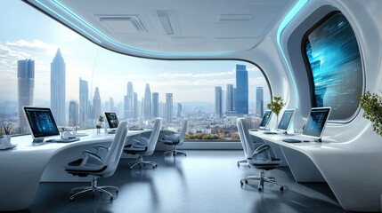 Fototapeta premium Modern futuristic office space featuring cutting edge technology