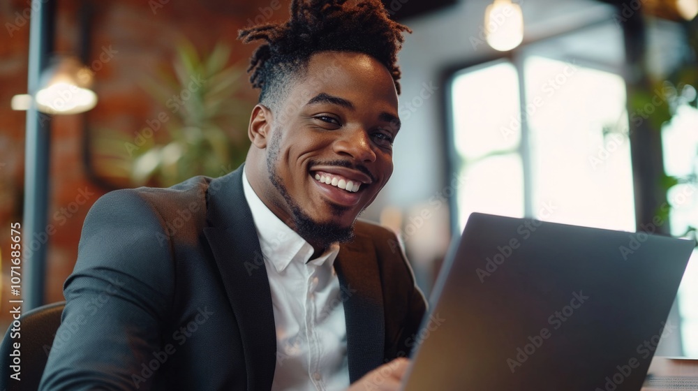 Poster a man wearing a suit and smiling while using a laptop