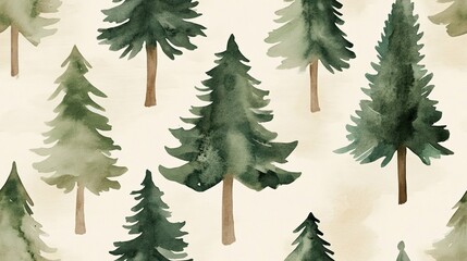 Obraz premium Watercolor Painting of a Seamless Pattern of Green Pine Trees