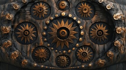 Obraz premium Intricate golden decor featuring circular sunburst designs arranged symmetrically on a textured dark background