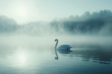 Obraz premium Serene Swan Gliding Through Misty Water
