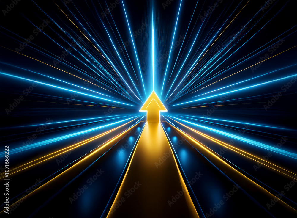 Poster A glowing gold arrow points upward in a dark tunnel, surrounded by blue neon lines creating a perspective of depth.