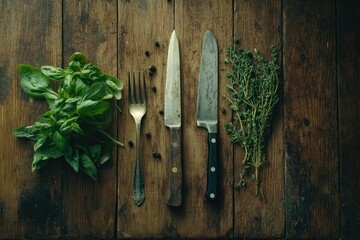 Fresh Herbs and Kitchen Tools on Wooden Table