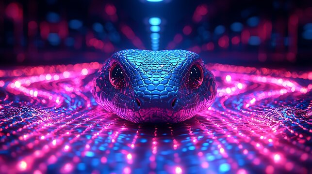 A digital artwork featuring a vividly colored snake-like creature against a backdrop of glowing, interconnected patterns in pink and blue hues.