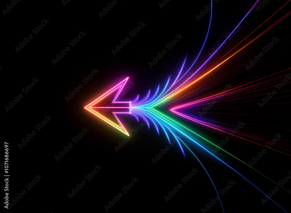 Poster a neon arrow pointing left with a rainbow trail of light emanating from the center.