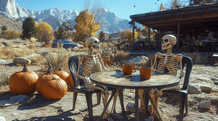 Two skeletons sit at a table with mugs, near pumpkins and mountains. Concept of Halloween humor and autumn. For seasonal greeting cards