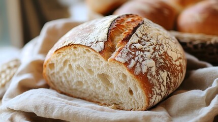 Freshly baked artisanal sourdough bread with crispy crust and dusting of flour on white linen cloth in macro detail, copy space - Powered by Adobe