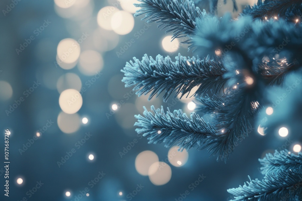 Poster frosty pine branch with soft bokeh lights