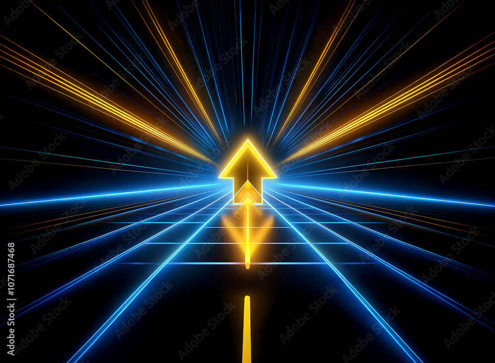 Poster a golden arrow pointing upwards is surrounded by radiating blue and yellow lines, creating a sense o