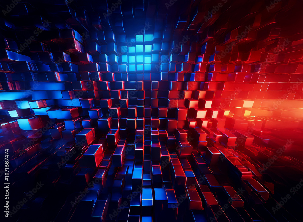 Aufkleber a dark, abstract background with red and blue light reflecting on a grid of shiny cubes.