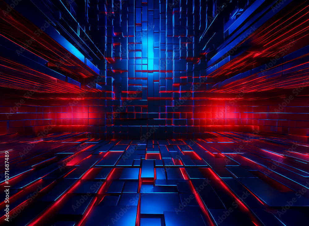 Poster an abstract digital space with a glowing blue center and red lights on either side.
