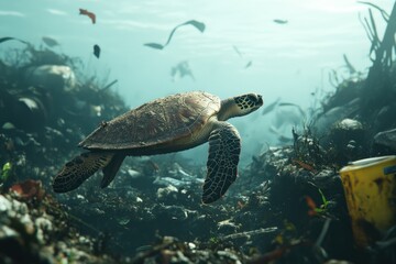 Obraz premium Sea Turtle Swimming Through Polluted Ocean Environment