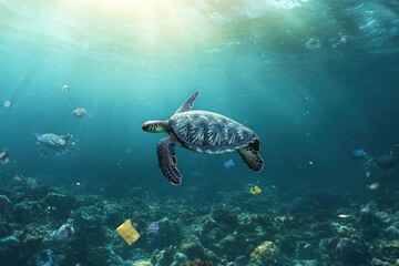 Sea Turtle Swimming in Ocean Among Pollution